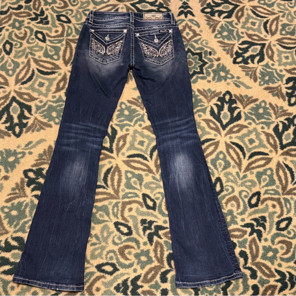 Miss Me Jewel Stud Embroidery Wing Pocket Mid Boot Stretch Jeans 25 Long 27 x 34